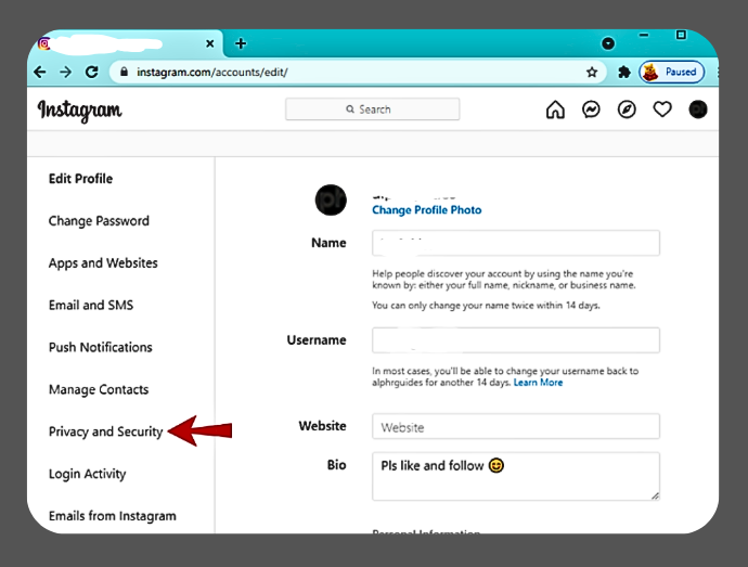 Locate the 'Privacy and Security' section on instagram web